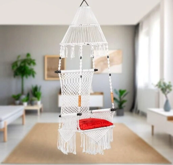 The Elegant Curio Centre Premium Maharaja Hanging Swing - White with Polyester Ropes & Mild Steel Frame Chair with Heavy Duty Stainless Steel Hanging Accessories And Cushion has a unique design, - Free Size, White, Polyester Rope With Iron Frame, Pack of 1